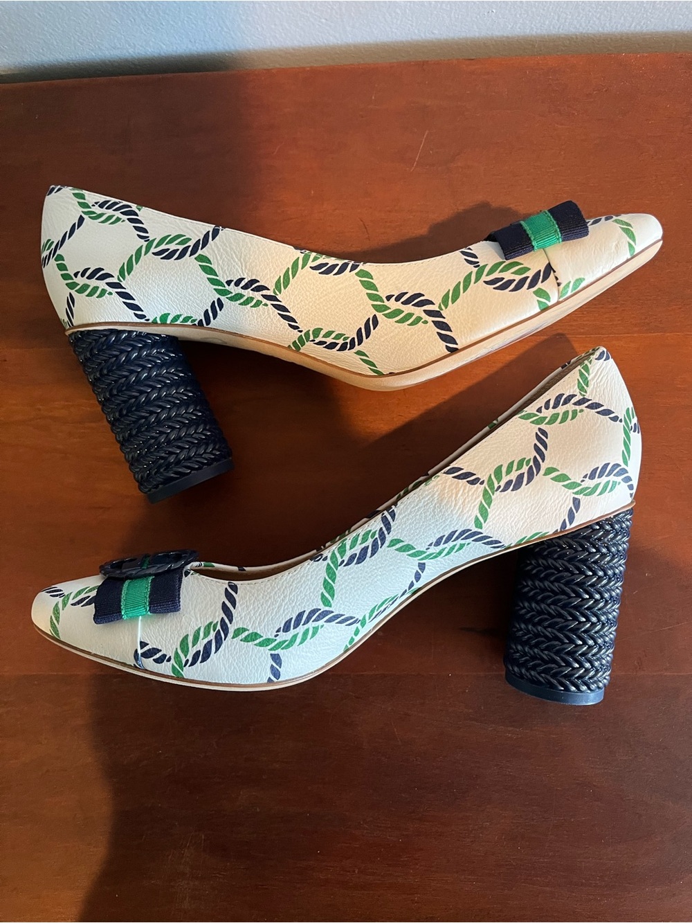 Tory Burch Maritime Block Heel Leather Pumps Green And Blue Nautical Rope Sz 10M - Picture 5 of 10